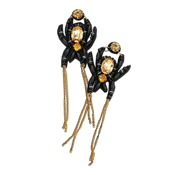 18K Gorgeous Topaz Crystal & Beaded 4" Long Black Widow Goth Spider Earrings NEW - Picture 3 of 4